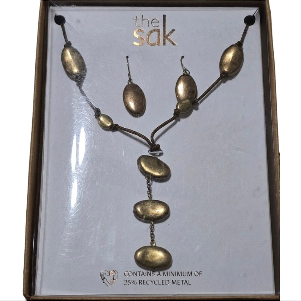 The Sak Hammered Antique Gold Y Necklace and Dangle Earrings New